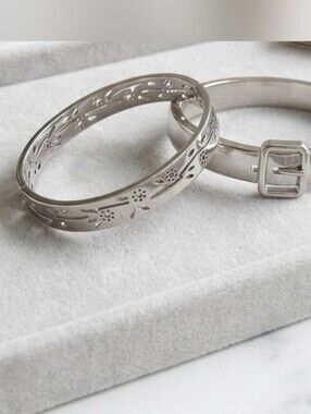 Silver Buckle Belt Bangle + Cutout Flower Cuff Bracelet Set
